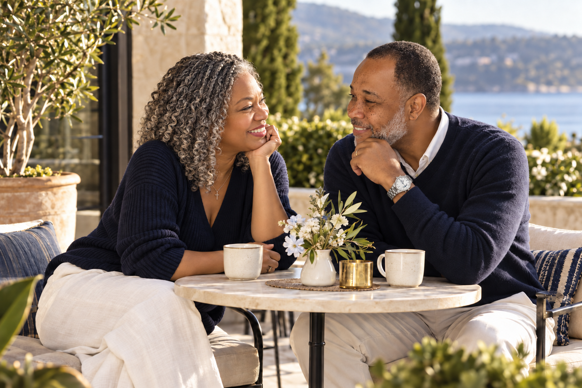 AI-edited illustration of a couple sharing coffee on a sunlit terrace, with the man wearing a steel watch with a white dial and Navy Lanier anchor logo.