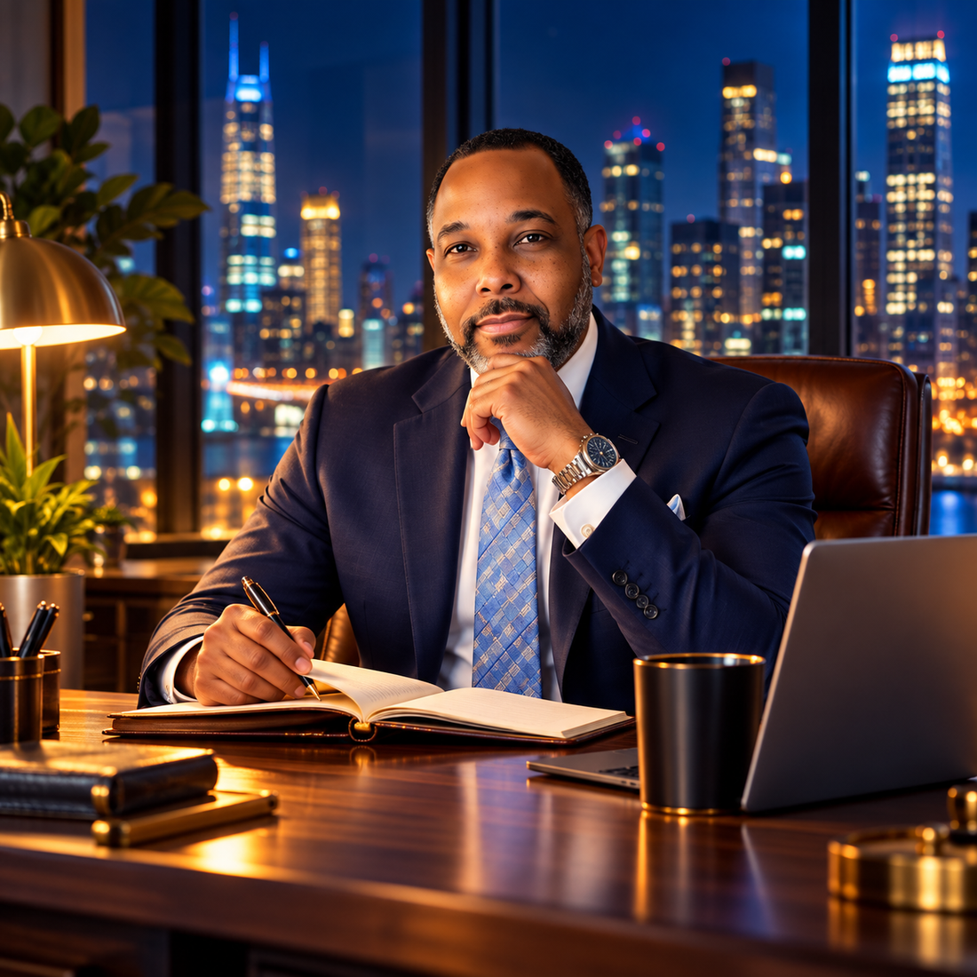 AI-generated editorial illustration of Navy Lanier writing in an open journal at a warmly lit desk, with illuminated city buildings visible through the window at night.
