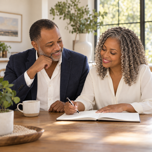 AI-edited illustration of Navy Lanier and a woman reviewing a goals notebook at a sunlit table.