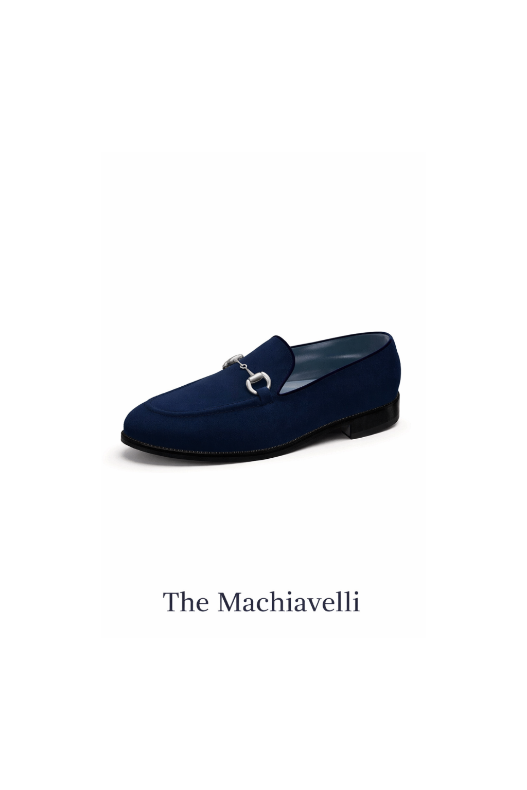 Profile view of The Machiavelli navy suede loafer with a silver-tone bit and dark sole, on a white product card labeled The Machiavelli.