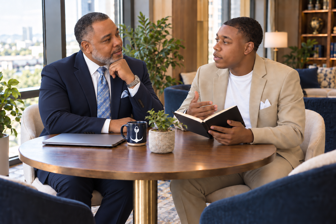 AI-edited illustration of Navy Lanier in a suit and tie mentoring Julian beside a navy mug bearing the white Navy Lanier logo.