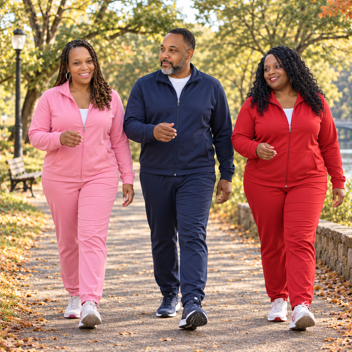 AI-edited illustration of Nicole King in pink, Navy Lanier in navy blue, and Karla Black in red jogging suits walking along a sunlit park path.
