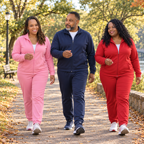 AI-edited illustration of Nicole King in pink, Navy Lanier in navy blue, and Karla Black in red jogging suits walking along a sunlit park path.