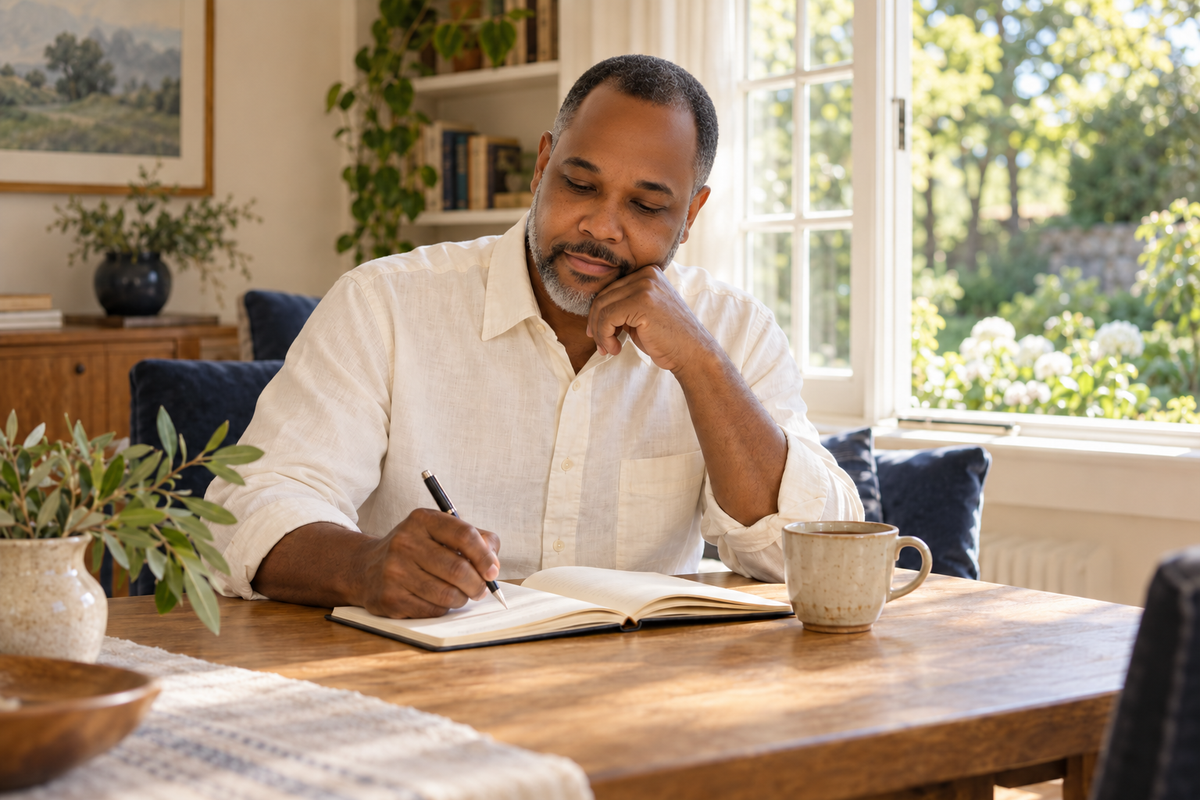 AI-edited scene of Navy Lanier reflecting with a journal and cup of tea beside a sunlit window.