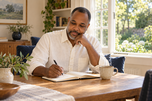 AI-edited scene of Navy Lanier reflecting with a journal and cup of tea beside a sunlit window.