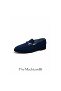 Navy Lanier's blue loafer with a silver buckle on a white background, branded 'The Machiavelli'.