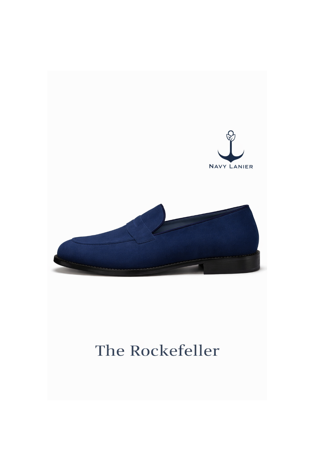 Navy Lanier's blue loafer on a white background, branded 'The Rockefeller'.