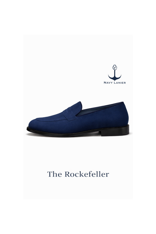 Navy Lanier's blue loafer on a white background, branded 'The Rockefeller'.