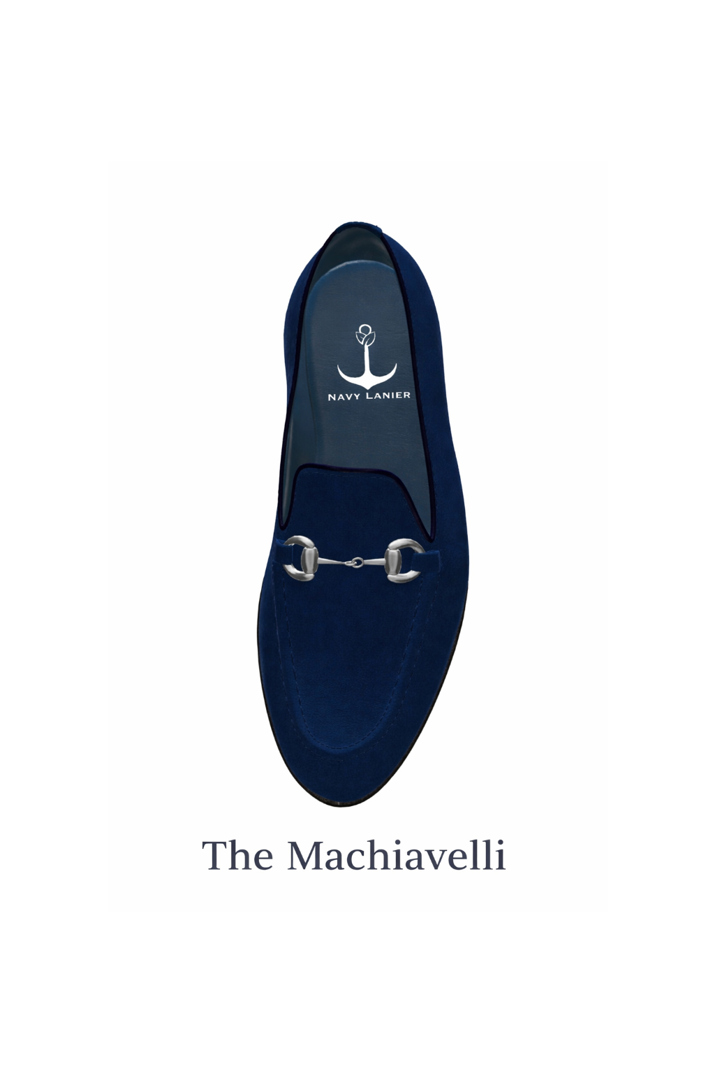 Top view of the Machiavelli showing the silver-tone bit across the navy suede upper